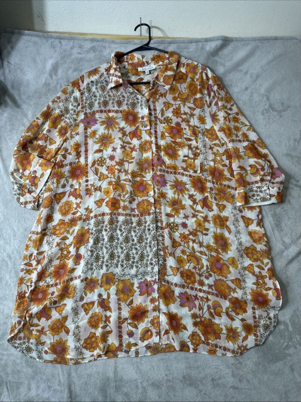 Rose + Olive Floral Blouse 2X Boho Button Front Top